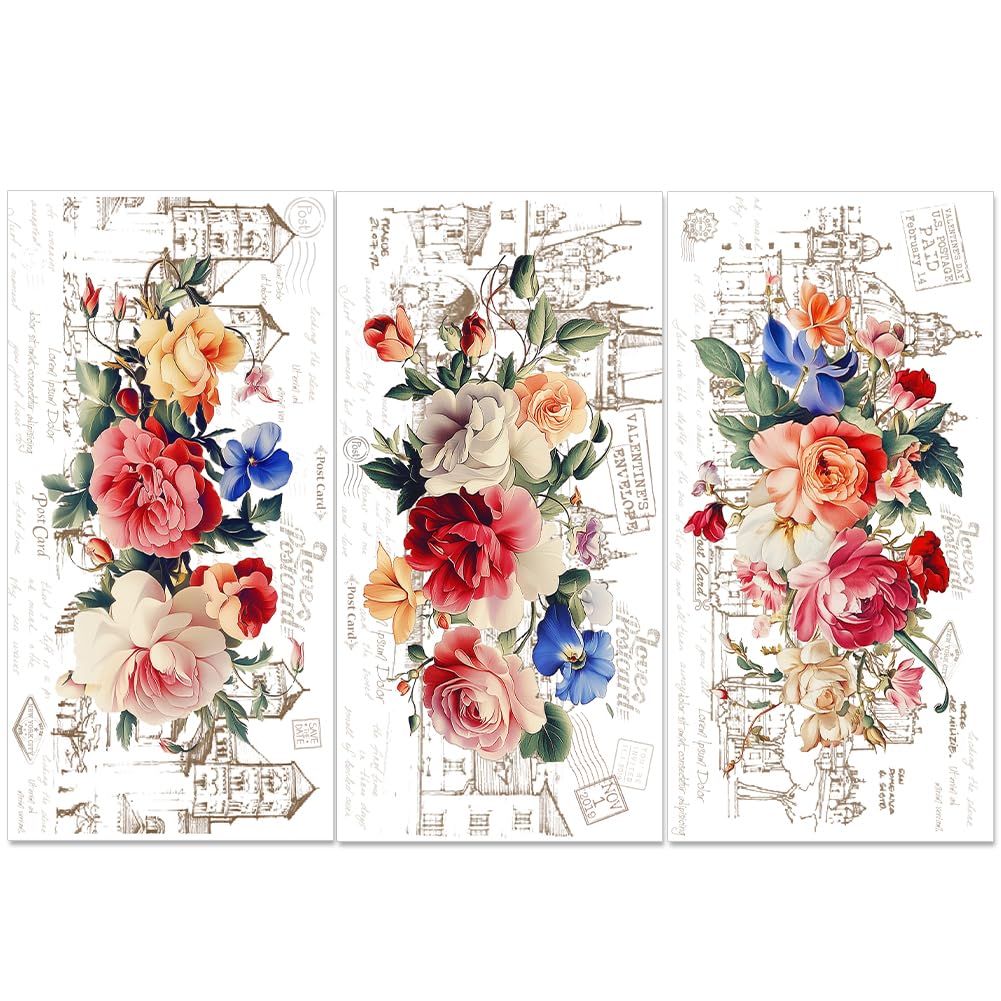 PLIGREAT 3 Sheets Vintage Flowers Rub on Transfers for Furniture European Architectural Rub on Stickers Watercolor Floral Transfer Decals for Wood Drawer Cabinet Scrapbooking Home Decorative