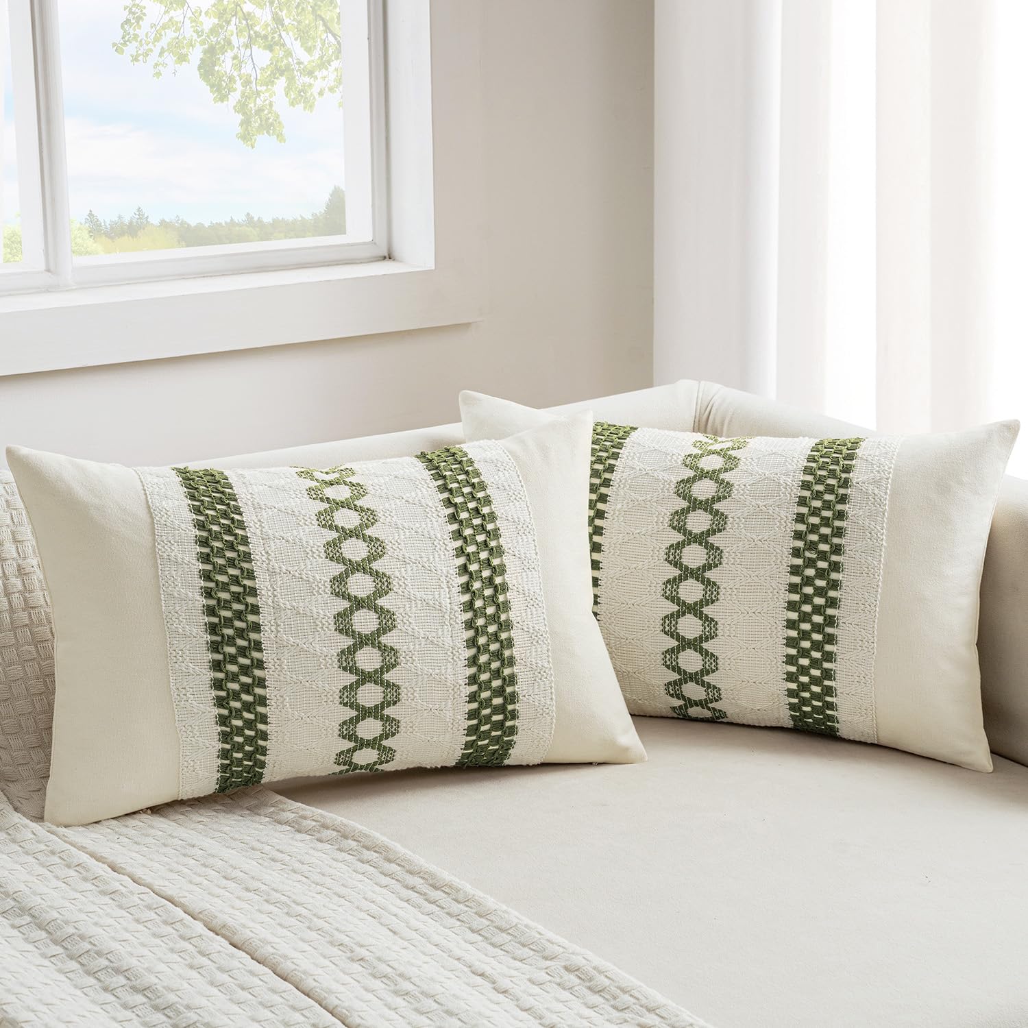 Photo 1 of MIULEE Set of 2 Moss Green Boho Decorative Lumbar Pillow Covers 12x20 Inch Farmhouse Rustic Couch Throw Pillows Modern Summer Cushion Covers Retro Cute Macrame Woven Home Decor for Bed Sofa Chair