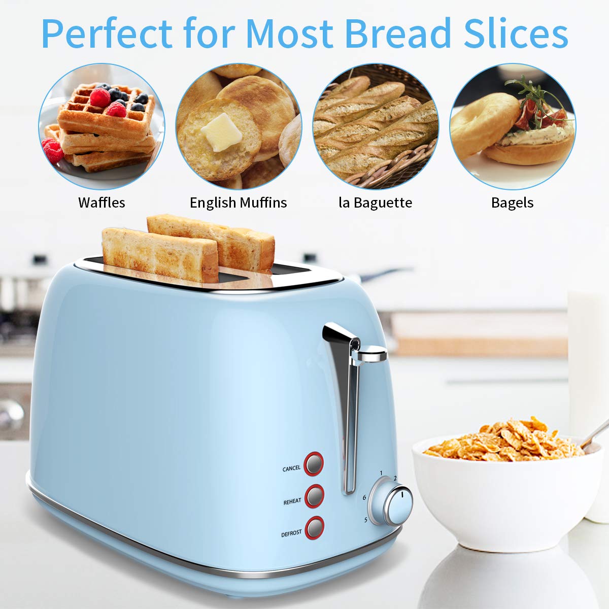 Toaster Edelstahl 2 Scheiben, morpilot Toaster mit Abnehmbarem Brötchenaufsatz und Herausnehmbarer Krümelschublade, 6 Bräunungsstufen | Auftaufunktion | Aufwärmfunktion, 815W, Blau