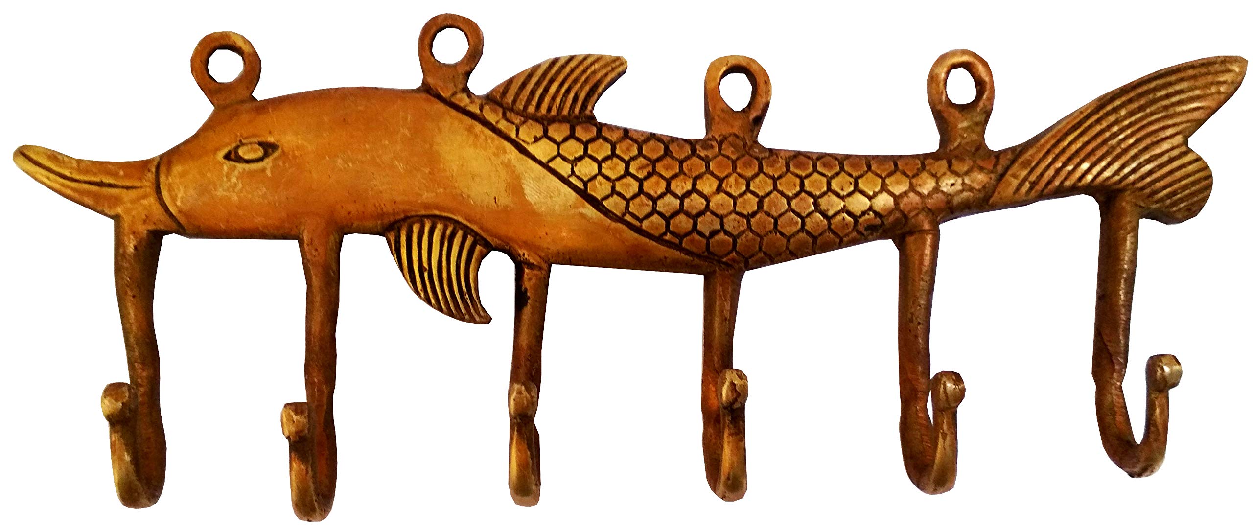 Purpledip Brass Wall Hook 'Fishy Affair': Vintage Design Coat Clothes Hanger (11732)