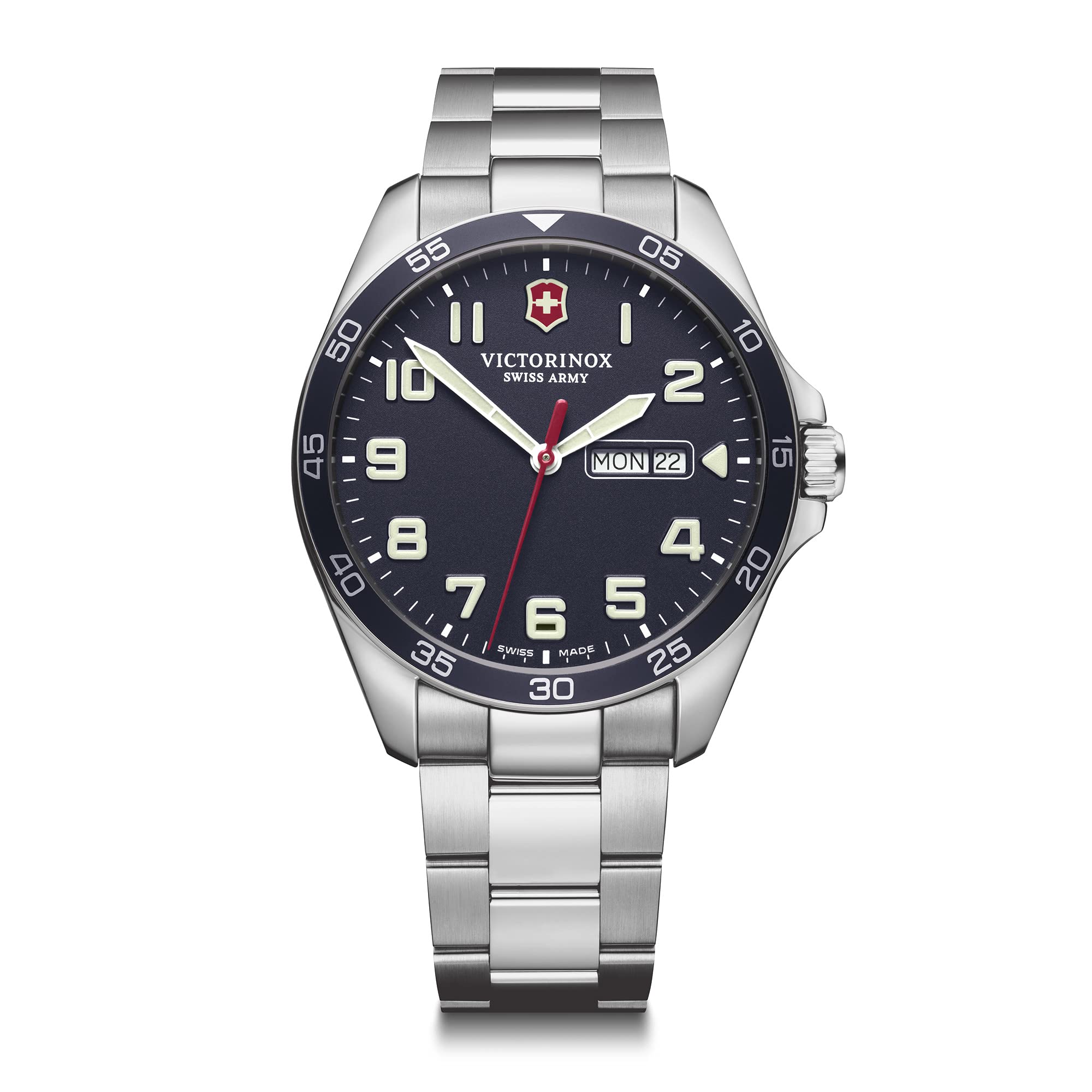 Victorinox Men’s Watch Fieldforce Ø 42 mm, Swiss Made, Analogue Quartz, Water-Resistant up to 100 m, Sapphire Glass, Stainless Steel Strap, Silver/Blue