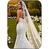 EASEDAILY Lace Wedding Veils Ivory Long Cathedral Chapel Length 1 Tier Bridal Tulle Veils with Comb for Women