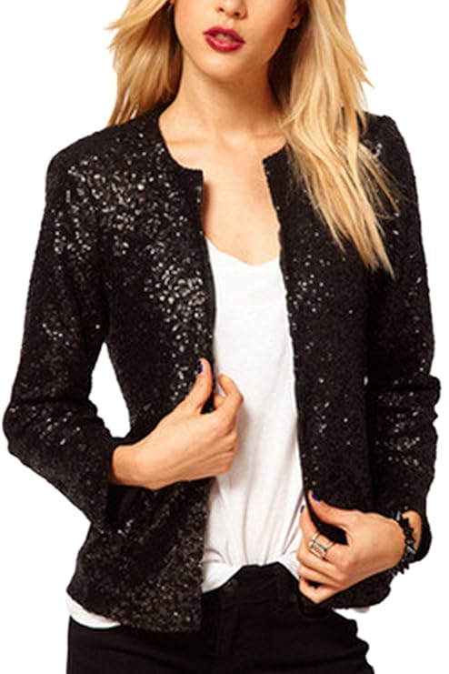 Zilcremo Women Elegant Long Sleeve Paillettes Sequins Office Blazer OL ...