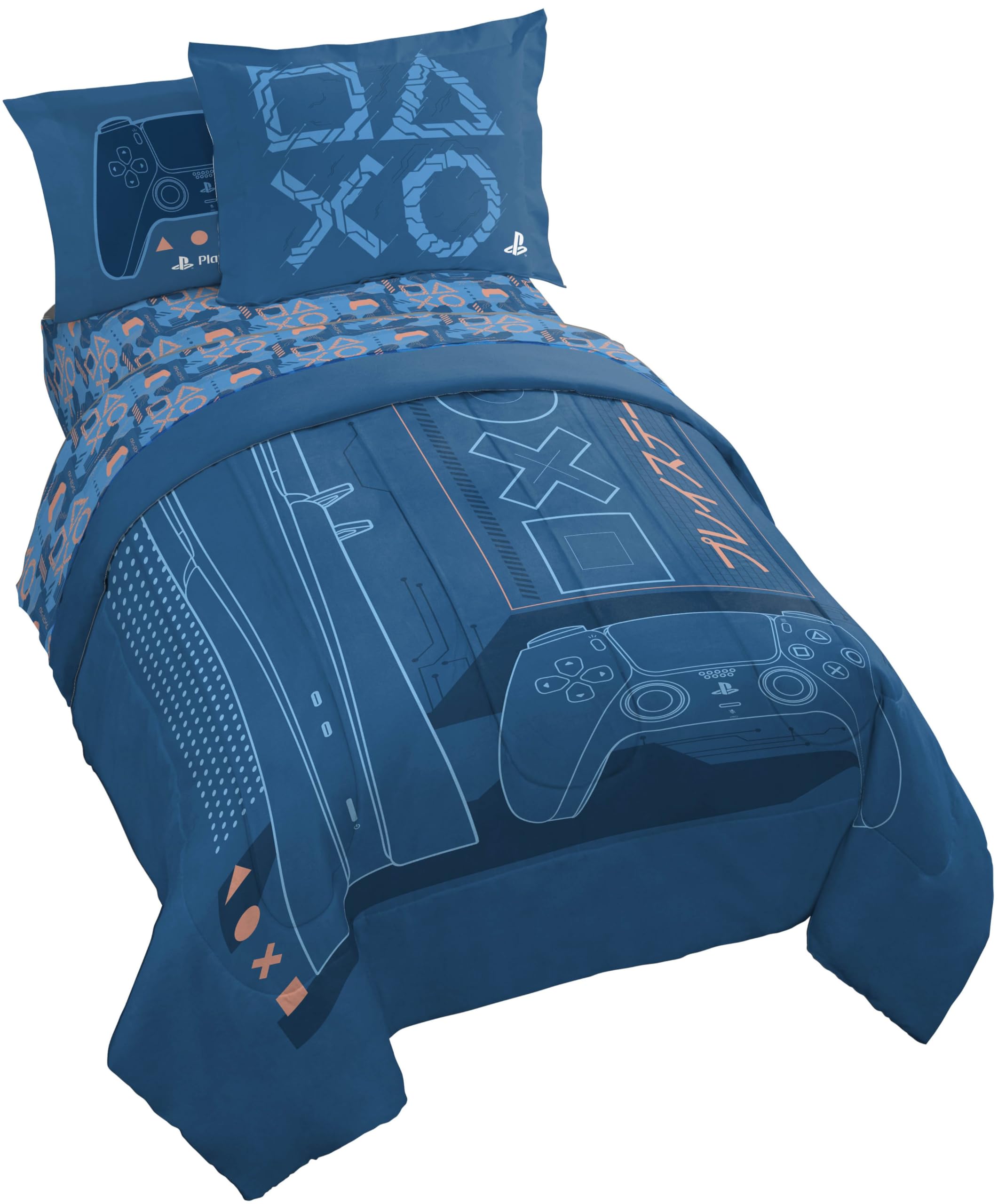 Jay Franco Kids Comforter Set Includes Sheets and Pillow Covers - Soft and Cozy Bed Set for Stylish Room Decor, Official Licensed Bedding, Blue - PlayStation, 5 Piece Twin Image