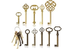 TAZKZZY 10PCS Skeleton Key Set Reproduction for Antique Furniture, Universal Barrel Key Replacement, Antique Brass Skeleton Keys for Dresser Drawers, Vintage Clocks,Cupboards, Desk Drawer Lock