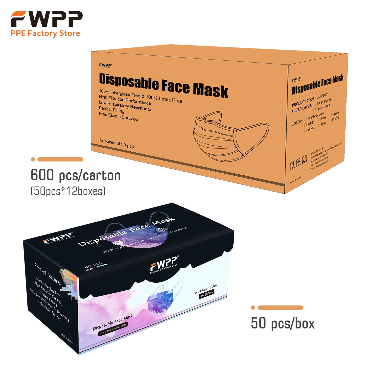 FWPP 4 Layer Thicker Earloop Disposable Face Masks 50 Pcs Rainbow Color