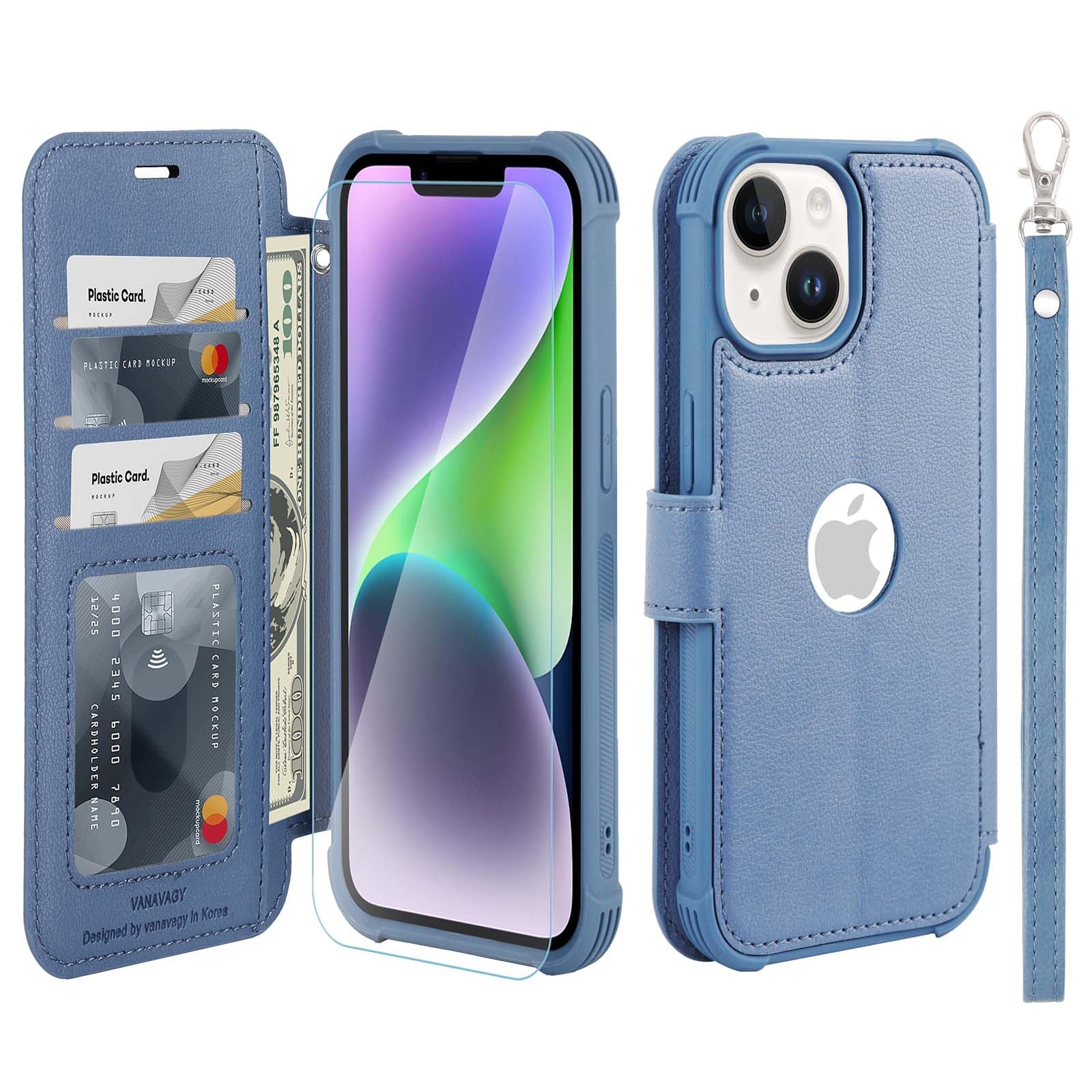 VANAVAGY Compatible for iPhone 13/14 Wallet Case, 12ft Drop Protection, RFID Blocking PU Leather Flip Cover, Card Holder & Kickstand, Shockproof Phone Case for 13/14-6.1 Inch,Blue