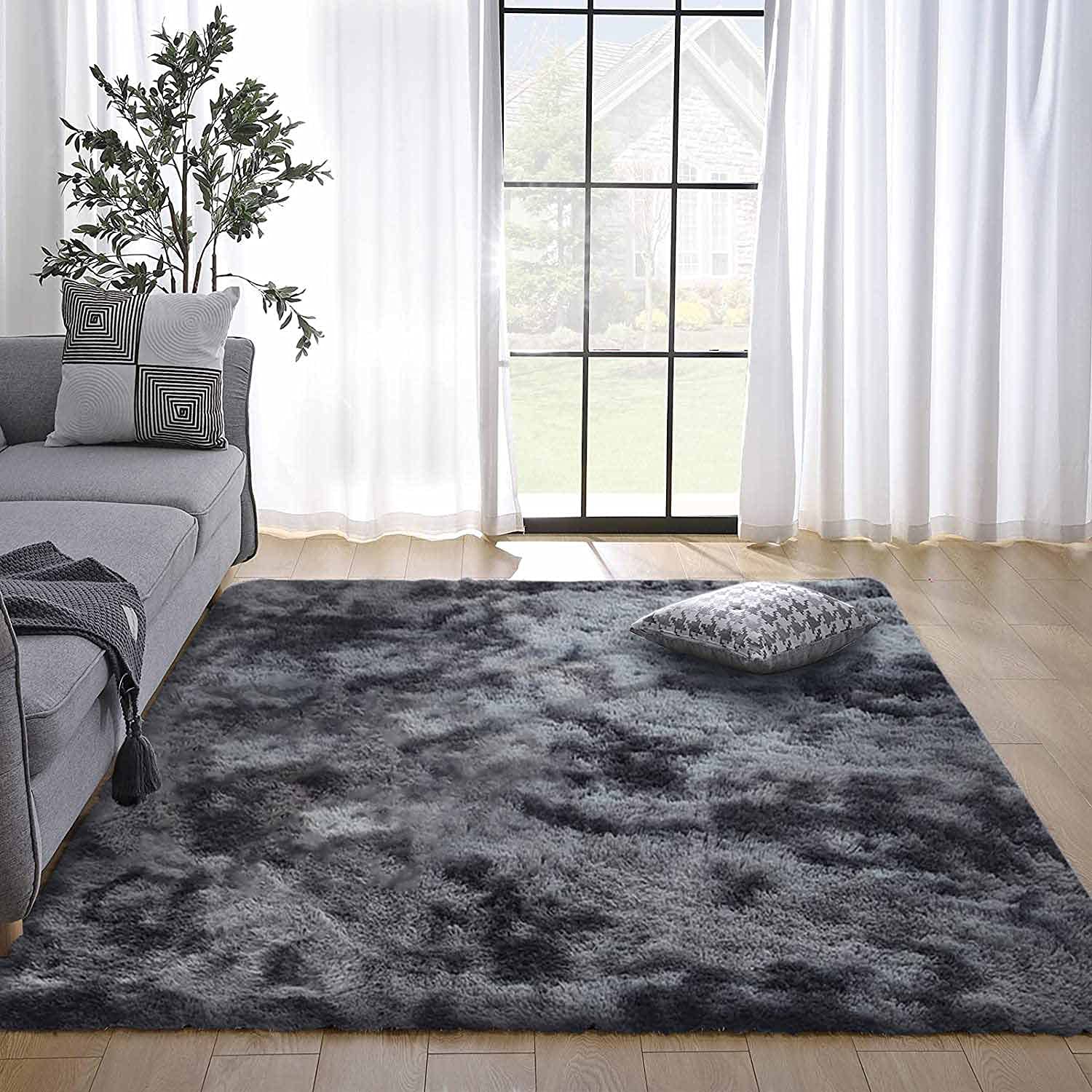 JURLEA Rugs Living Room - Modern Soft Fluffy Shaggy Rugs for Bedroom Nursery Bedside Large Non-Slip Plush Area Rug Carpet Home Decor (Black Grey, 140 x 200 cm)