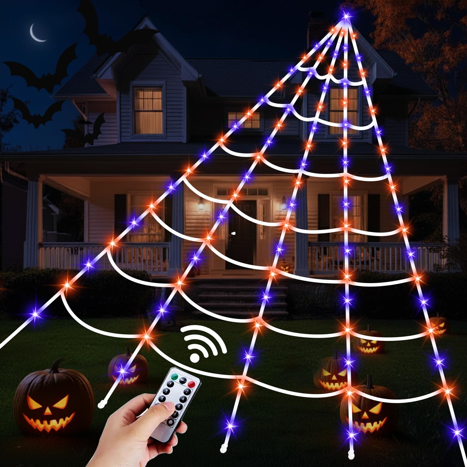 Photo 1 of 16.4 Ft Halloween Spider Webs Lights Decorations 250 Purple & Orange LED Lights with 40 Small Spiders, Halloween Giant Spiderweb Lights Outdoor Decor for Yard Haunted House Party