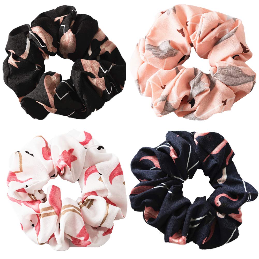 Hair Srunchies,4 Style Elastic Hair Bands for Girls Women,4 Pcs Flamingo Pattern Hair Bow Chiffon Ponytail Holder,Colorful Hair Scrunchy Bobbles Soft Hair Bands Ties Headband