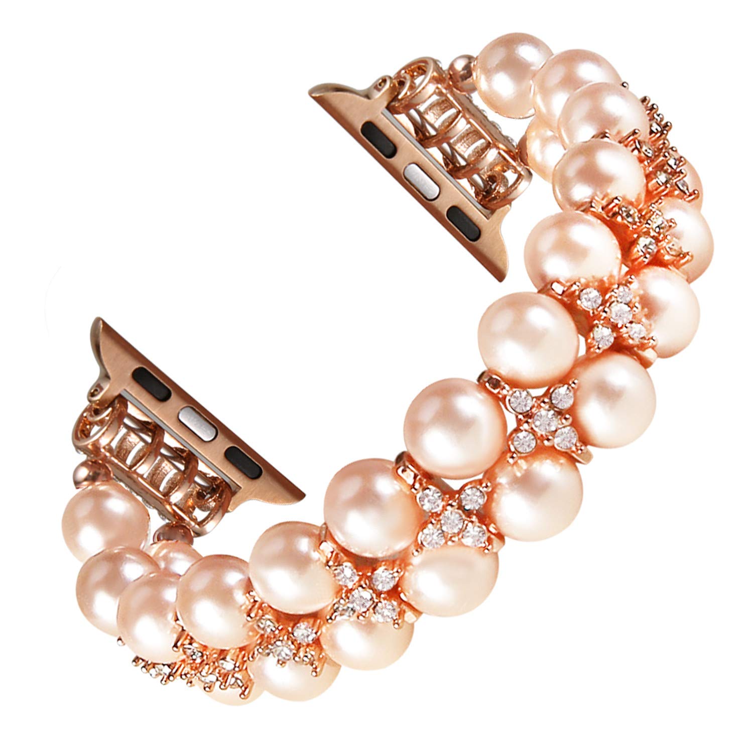GEMEK Pearl Bracelet Compatible with Apple Watch Strap Women 38/40/41mm iWatch Strap Series 9/8/7/6/5/4/3/2/1, Artificial Elastic Stretch Bling Diamond Jewelry Wristband Replacement Band (Pink) — image 1