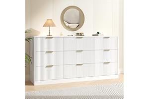 NOVAMAISON White Dresser for Bedroom with 9 Drawers, 63” Wide White Fluted Dresser Modern Chest of Drawers with Gold Handles, Wooden TV Stand Storage Organizer for Bedroom, Living Room