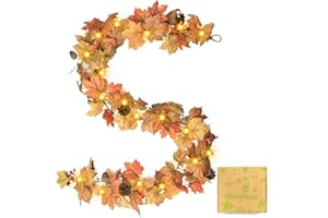 GHRDOPY 6 Ft Artificial Fall Garland with Lights - Autumn Maple Leaf f Thanksgiving Decor Hanging Vine Autumn Foliage Garland Used for Home Wedding Party Decor