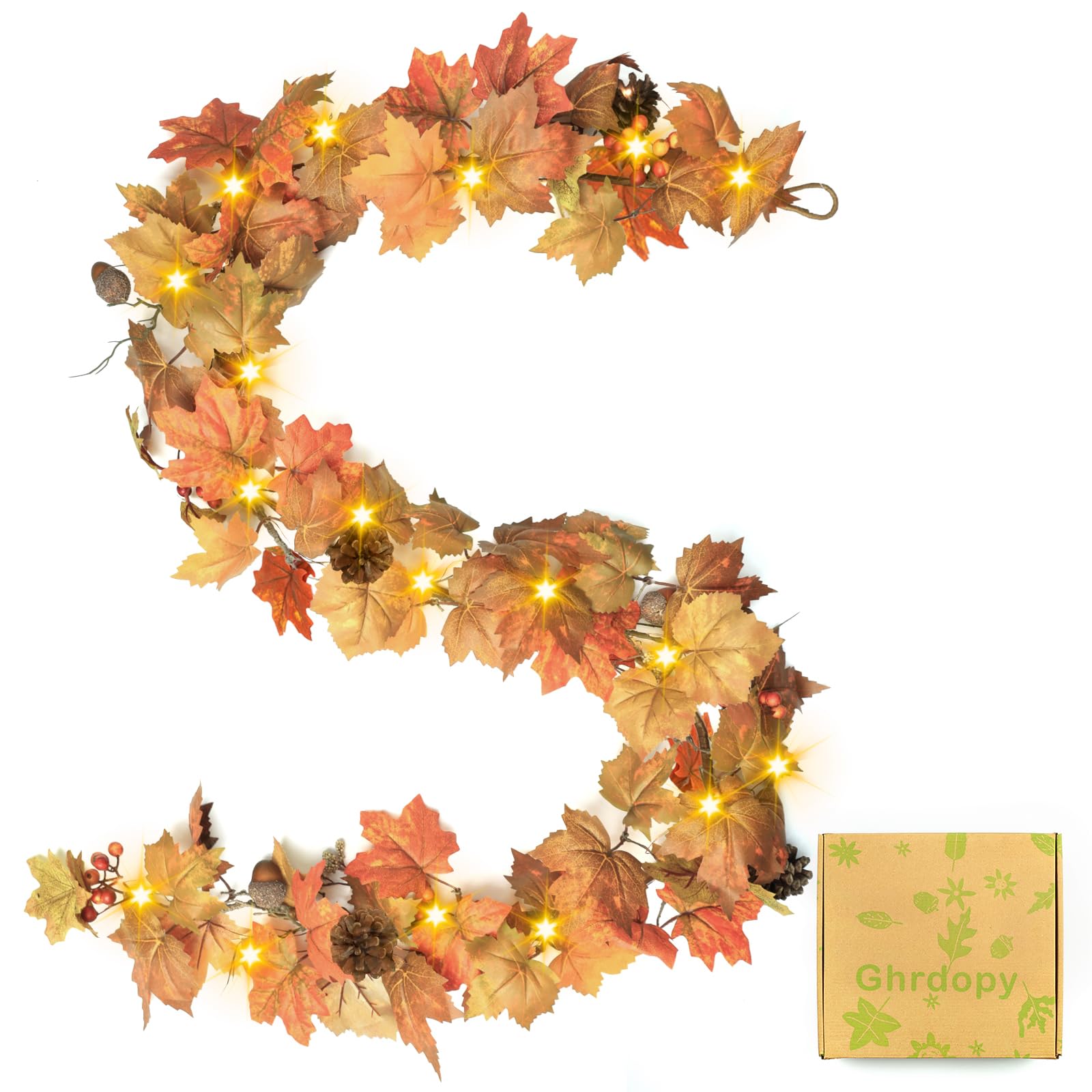 Photo 1 of 6 Ft Artificial Fall Garland with Lights - Autumn Maple Leaf f Thanksgiving Decor Hanging Vine Autumn Foliage Garland Used for Home Wedding Party Decor