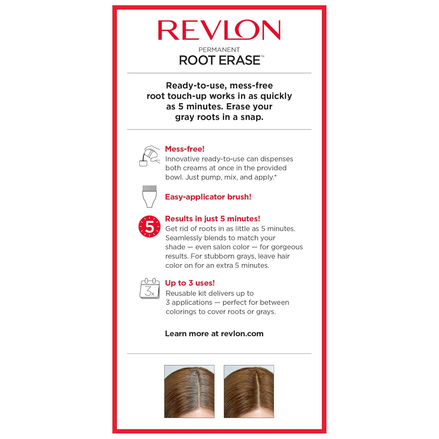 Revlon Root Erase Permanent Hair Color, At-Home Root Touchup Hair Dye with Applicator Brush for Multiple Use, 100% Gray Coverage, Medium Brown (5), 3.2 oz: Beauty