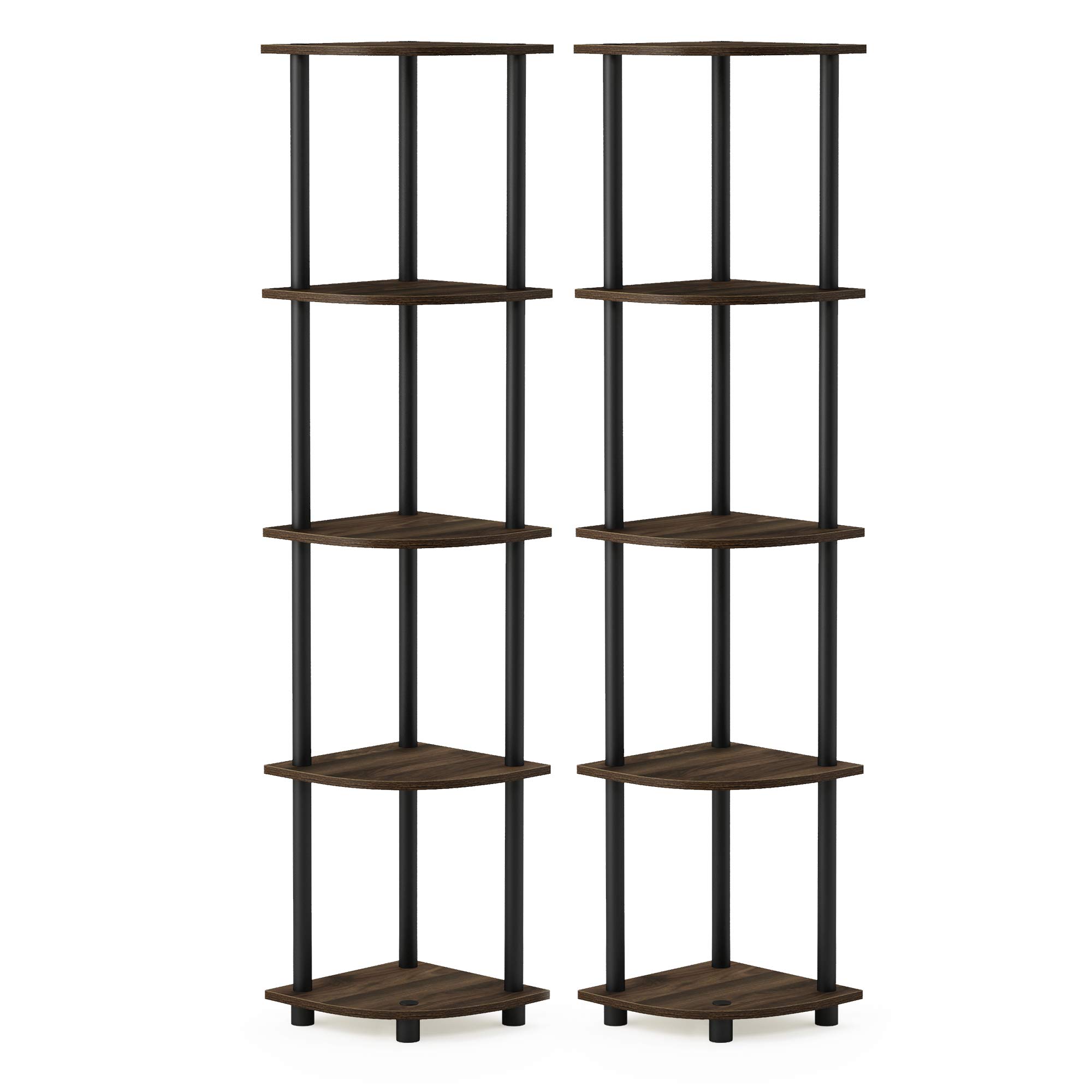 Furinno TURN-N-TUBE Corner Shelf Set of 2, 5-Tier Corner Bookshelf, Open Storage Shelves, for Organization and Storage, Living Room, Home Office, Garage, Columbia Walnut