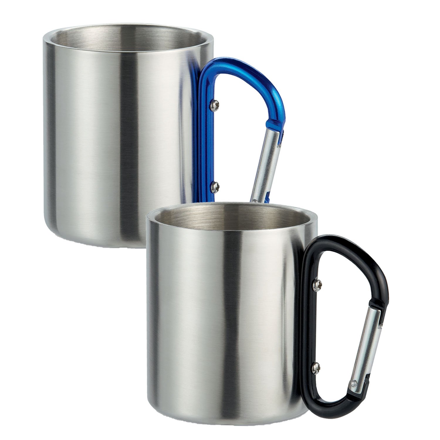 Set of 2 Double Walled Stainless Steel Coffee Cup with Carabiner Hook for Attaching Flask to Rucksack with Black and Blue Snap Geschenkartikel Shopping