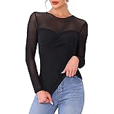 Allegra K Sexy Tops for Women Mesh Long Sleeve Party Club See Through Tee Sheer Top