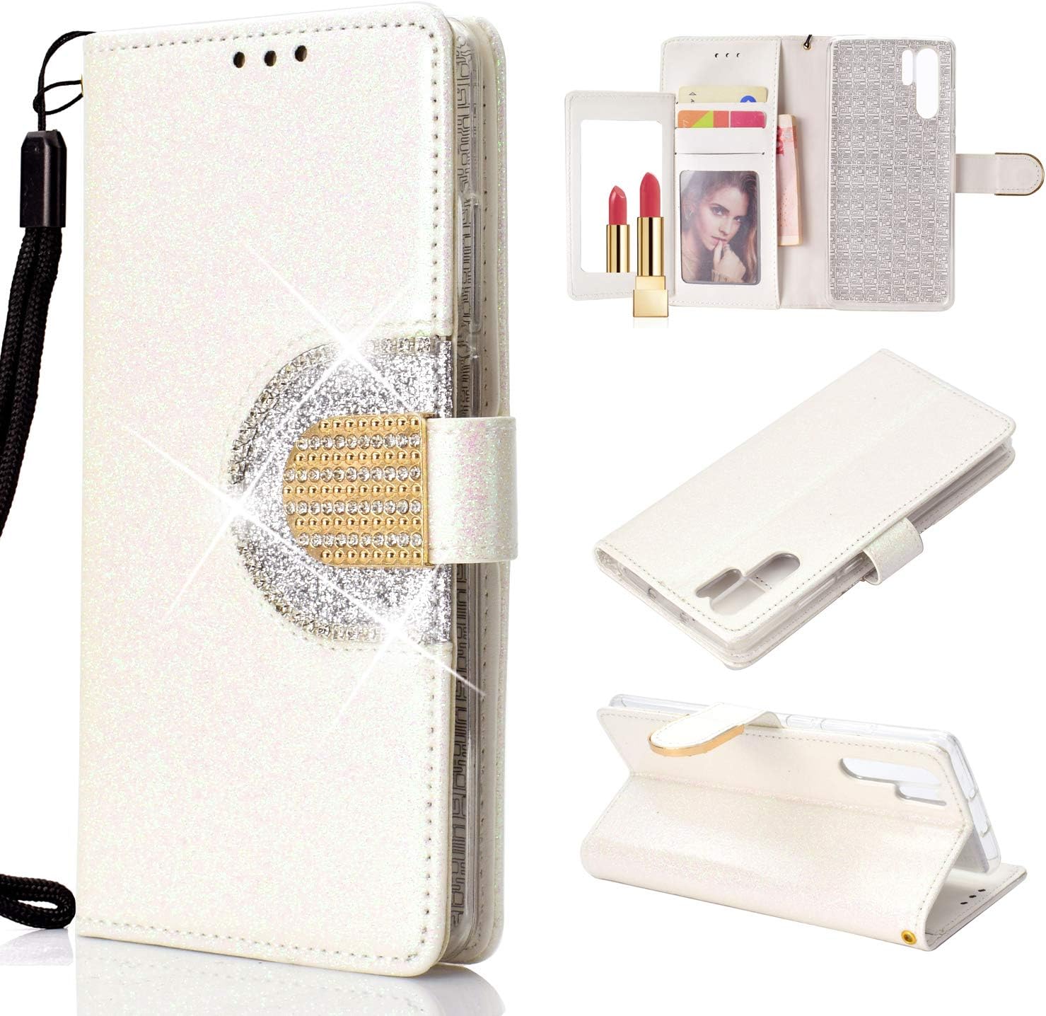 Awenroy Compatible with Huawei P30 Pro Wallet Case Premium Sparkle Bling Glitter Diamond Luxury Wallet Case PU Leather Magnetic Flip Cover with Card Slots and Mirror - White