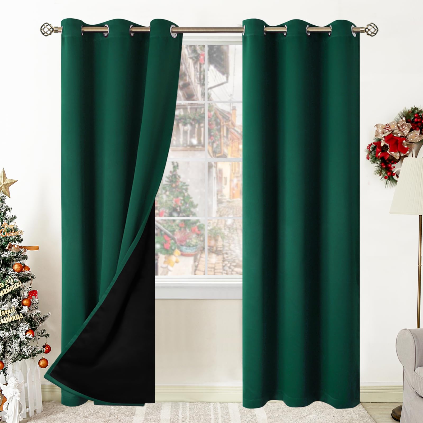 BGment Thermal Insulated 100% Blackout Curtains for Bedroom with Black Liner, Double Layer Full Room Darkening Noise Reducing Grommet Curtain (42 x 84 Inch, Emerald, 2 Panels)