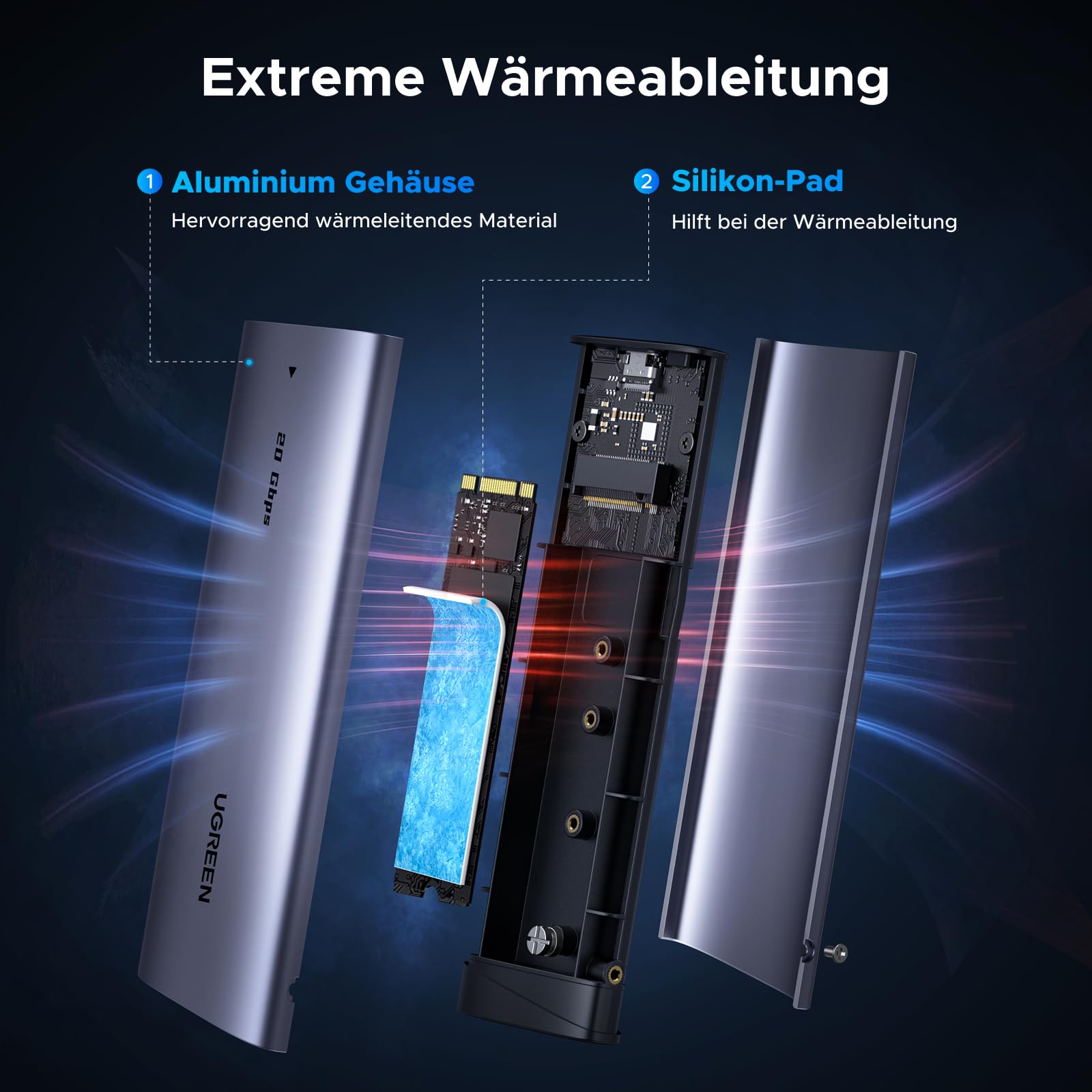 UGREEN 20Gbps M.2 SSD Gehäuse USB C 3.2 Gen 2x2, NVMe und SATA M2 Gehäuse für SSD in 2280/2242/2230/2260, kompatibel mit HP 14pro, iPhone17 Promax, PS5 3