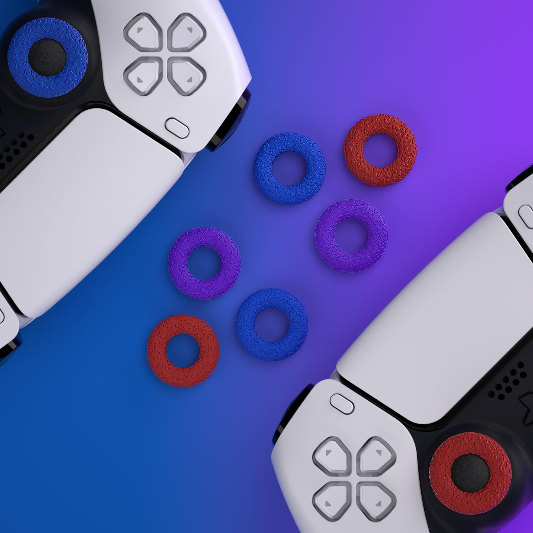 PlayVital Upgraded Silicone Precision Rings, Aim Assist Motion Control for ps5, ps4, Edge, Xbox Series X/S, Xbox One, Switch Pro Controller - Durable Anti-Slip Donut Thumbstick Rings, Red/Blue/Purple