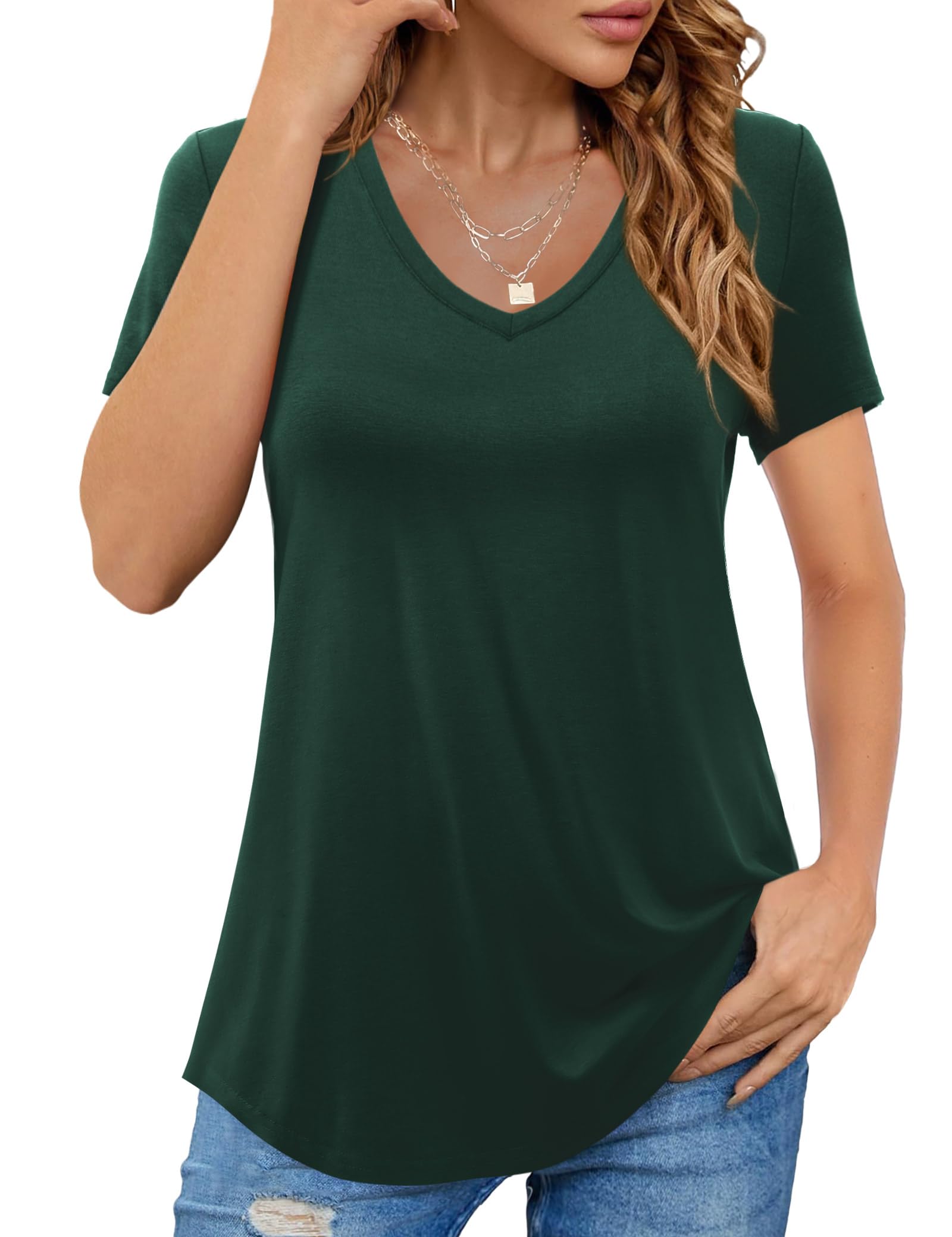 Photo 1 of Starybirds Womens Tops V Neck Soft Tee Tunic Short Sleeve Cute Tshirt for Out Going, Dark Green XL