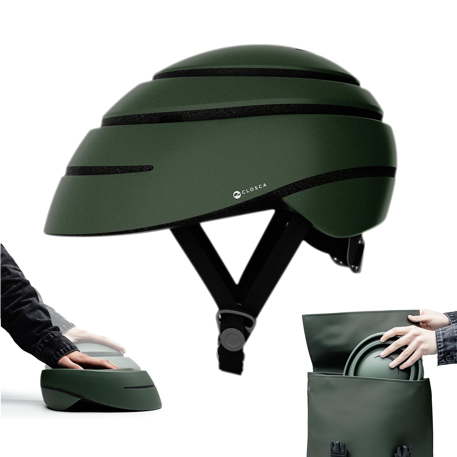 CLOSCA. Foldable helmet for bicycle and electric scooter. Lightweight, compact and certified. Urban unisex design for men and women. Adult bike helmet for cycling and city commuting.