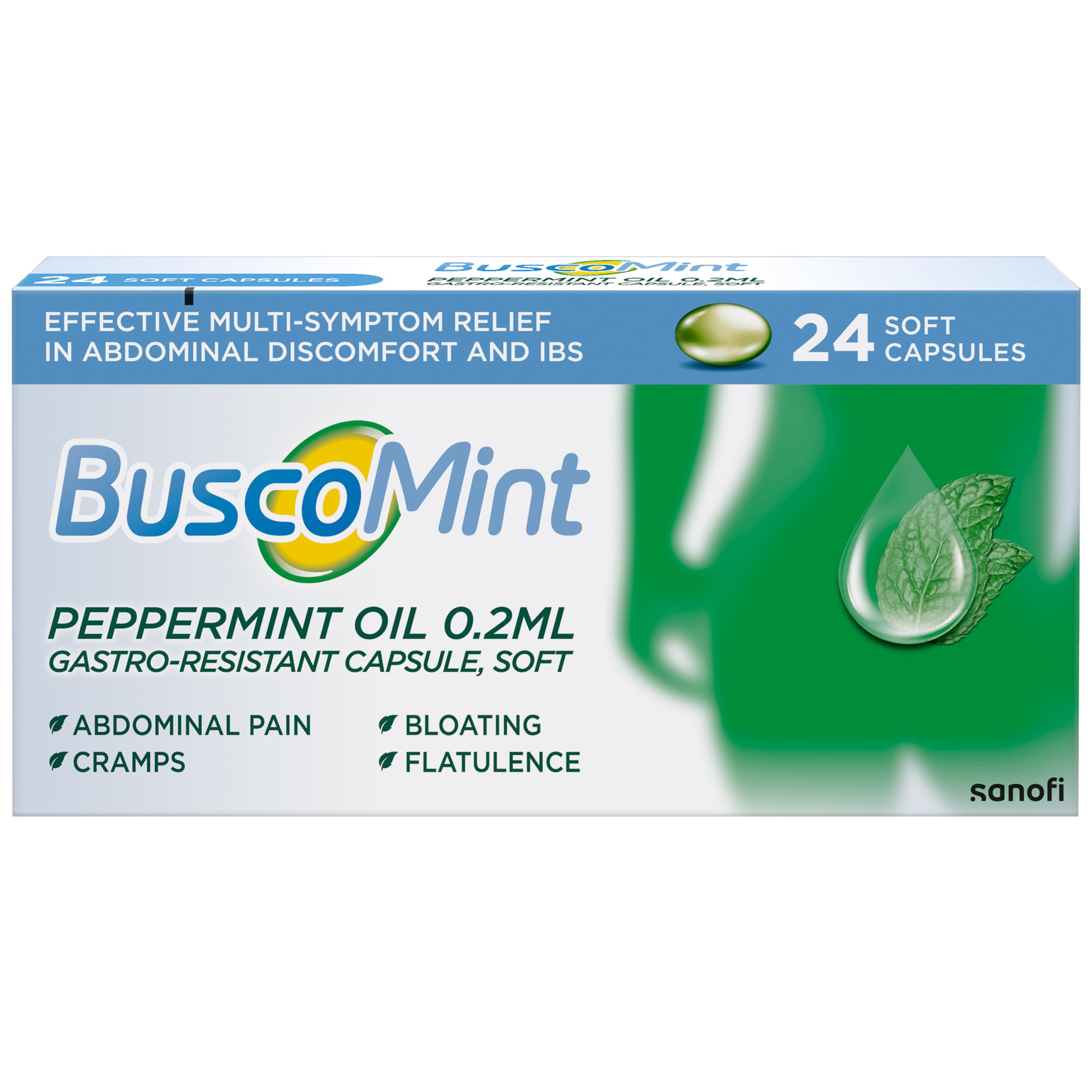 Buscopan Buscomint 0.2 ml Peppermint Oil IBS Multi Symptom Treatment, Soft Gel Capsules, 24 Count (Pack of 1), 100% Natural Active Ingredient, Preservatives Free