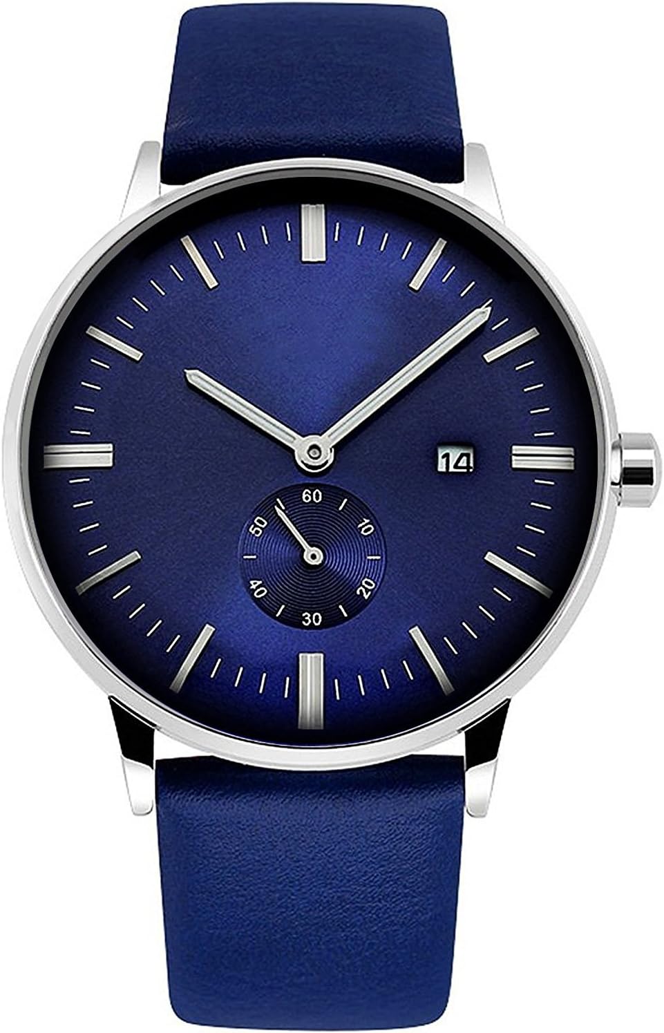Mens Fashion Wrist Watches with Blue Genuine Leather Strap, Waterproof Stylish Analogue Quartz Watch with Calendar Date Window, Classic Business Casual Dress Watches for Gents Men by RSVOM