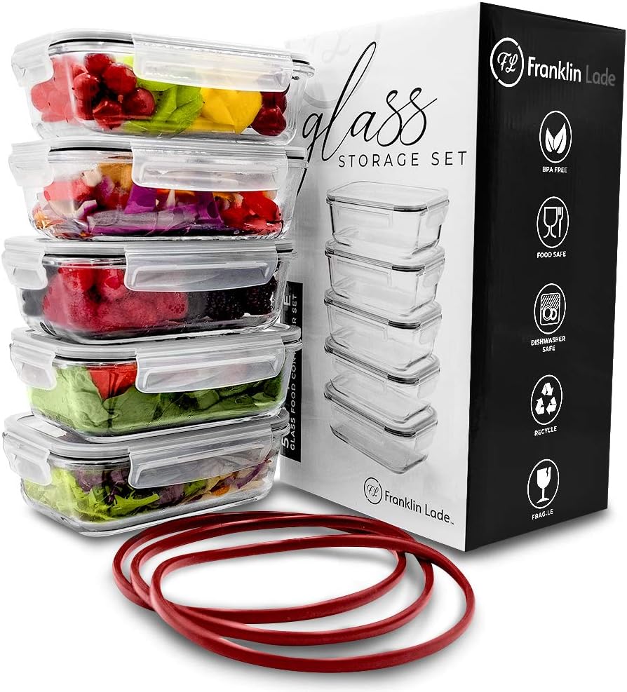 Franklin Lade Glass Meal Prep Containers Reusable, Midnight Blue, Deep Red, 5 Set 1040ml
