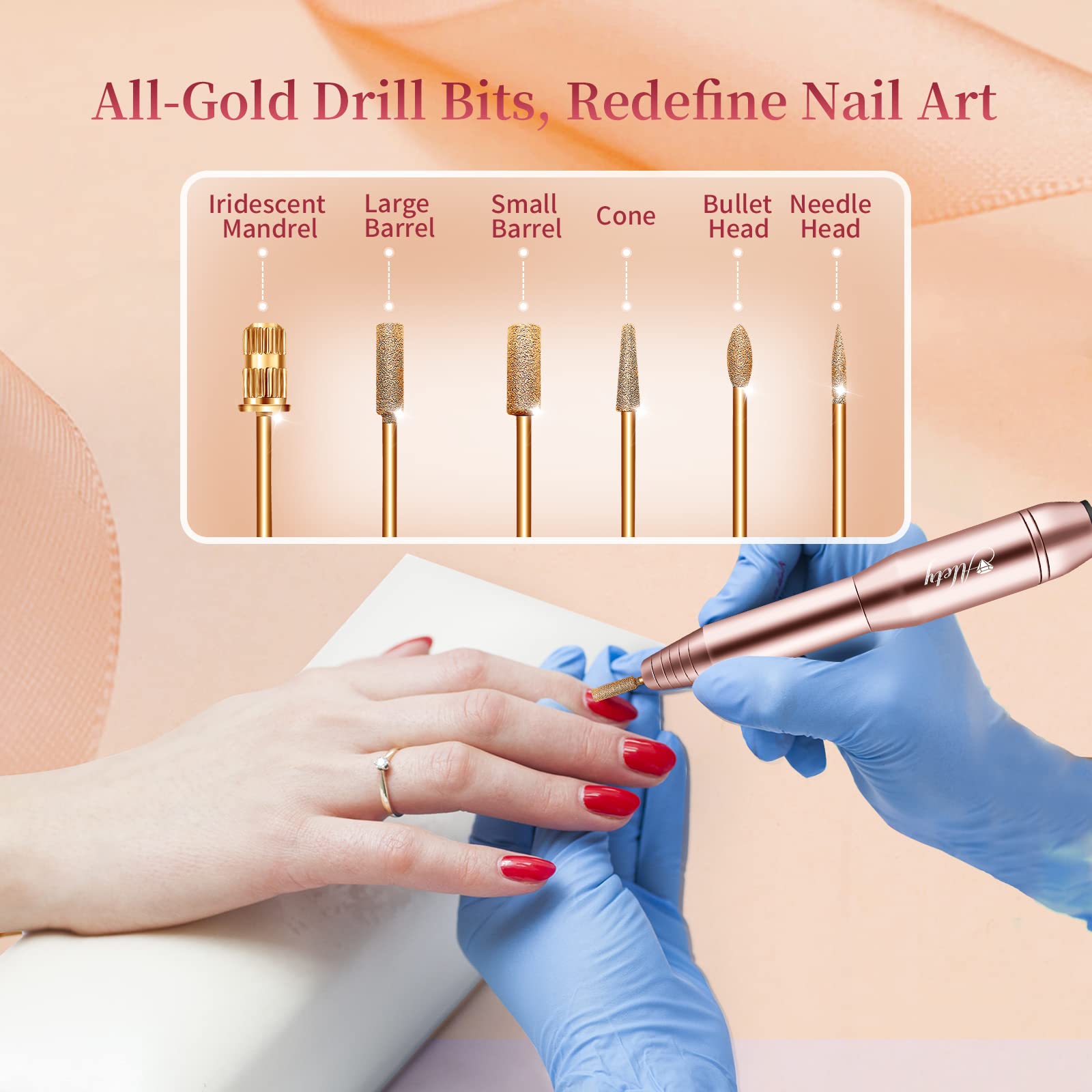 Alety Electric Nail Drill Kit - Portable File for Acrylic Gel Nails, Professional Machine Efile Manicure Pedicure Tools With Gold Drill Bits for Home Salon Use - Image 5