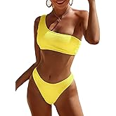Limeeke Women One Shoulder Bikini Set Ribbed Textured Two Piece Swimsuit High Cut Cheeky Bathing Suit