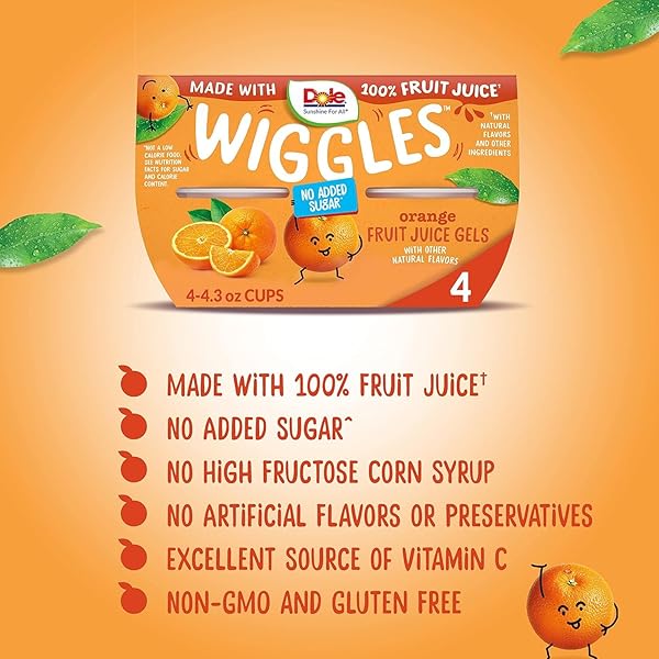 DOLE WIGGLES NO SUGAR ADDED ORANGE FRUIT JUICE GELS SNACKS, 4.3OZ 4 TOTAL CUPS, GLUTEN & DAIRY FREE, BULK LUNCH SNACKS FOR KIDS & ADULTS