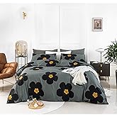 YuHeGuoJi Black Flower Duvet Cover King 100% Cotton 3 Pcs Set 1 Cute Yellow Grey Blossom Patterned Duvet Cover with Zipper Ties 2 Pillowcases Aesthetic Cartoon Botanical Bedding Set Soft