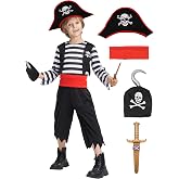 IKALI Pirate Costume for Kids Boys,Toddler Pirate Role Play Dress Up with Bandana, Cutlass, Hat 3-10 Years