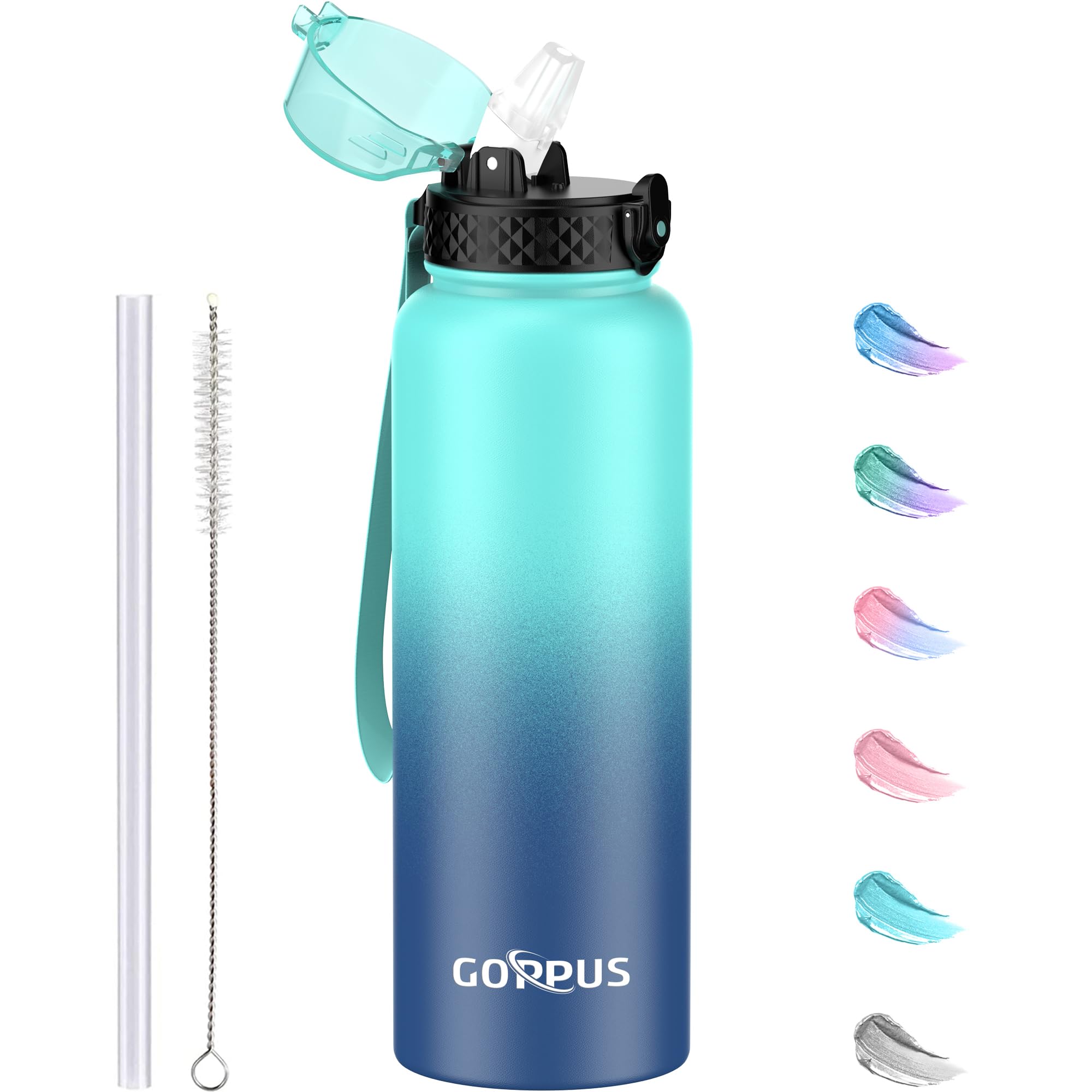 GOPPUS 1.2L/40oz Stainless Water Bottle with Straw Double Wall Insulated Bottles with Strap Large Vacuum Thermal Flask Leakproof Keep Cold Drinks Bottles with Flip Top Lid for Men Women BPA Free — image 1