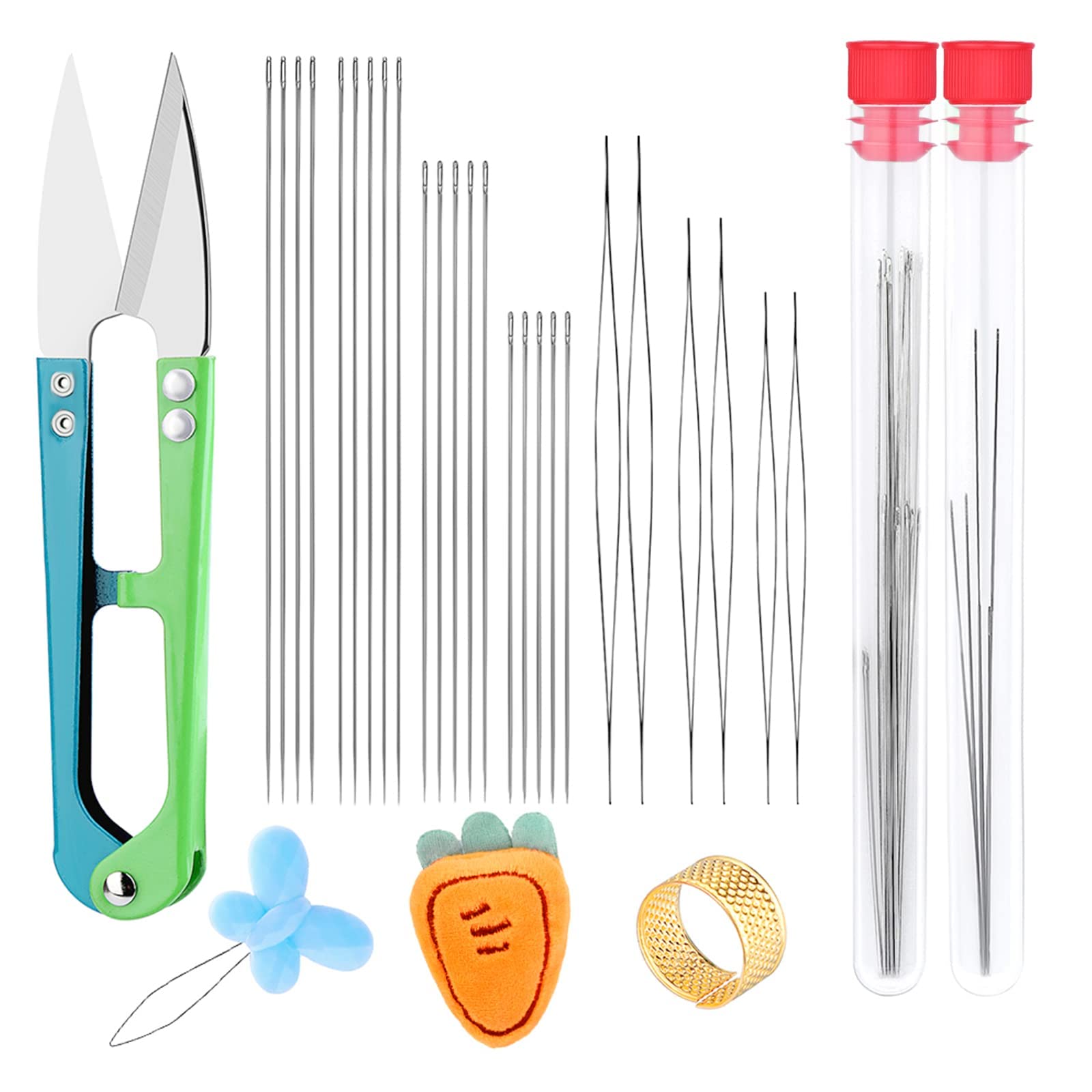 SUVSOON 29 Pcs Beading Needles Set, 19 Pcs Big Eye Needles & 6 Pcs Long Straight Needle & Scissor & Thimble, Bracelets Necklaces Jewelry Making for Beading Supplies