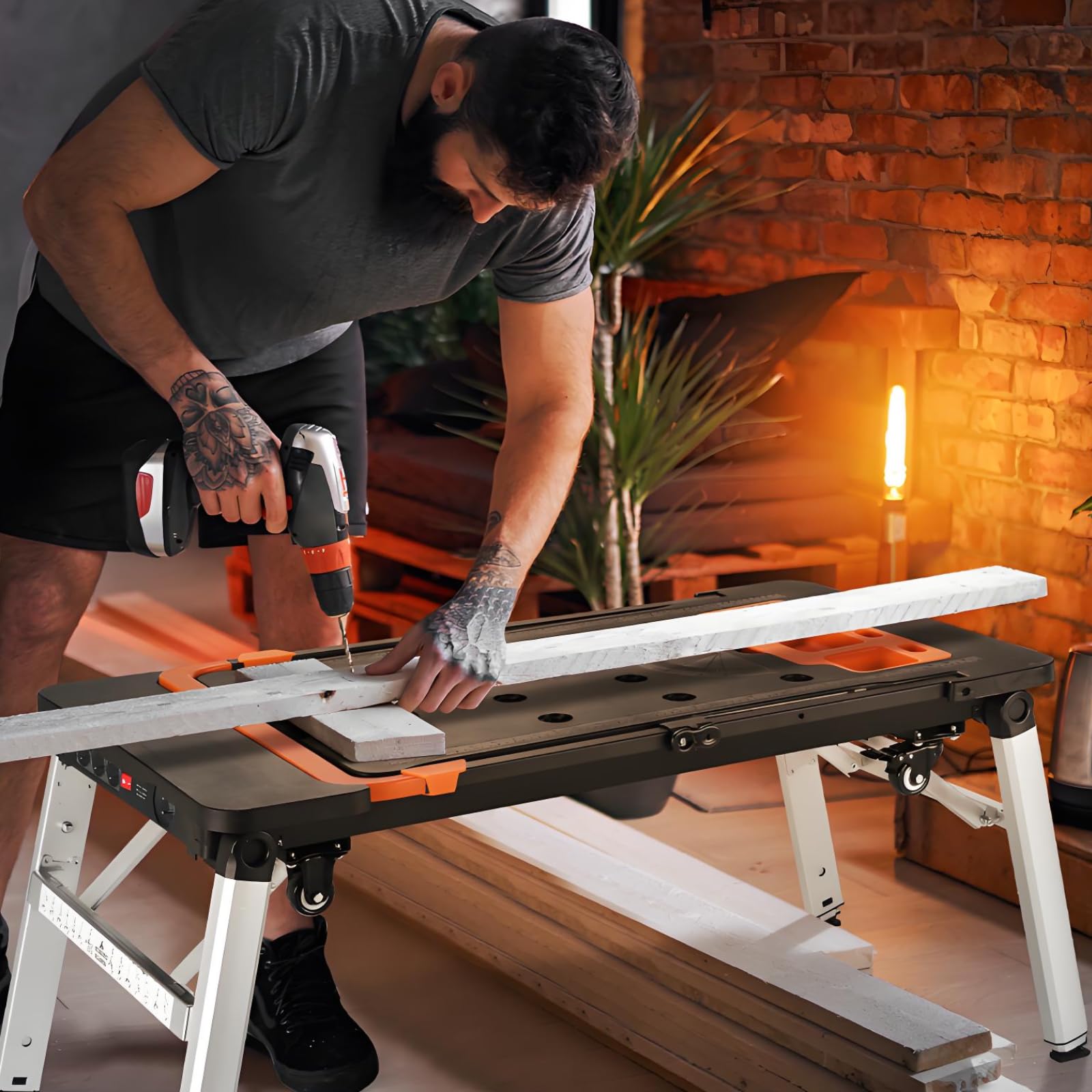 TLGREEN 7 in1 Klappbare Werkbank höhenverstellbar,Tragbare Werkbank Mobil,Arbeitstisch Klappbar,100-200kg Tragkraft,Multifunktionstisch mit 4 pcs Rollen,Werktisch Spanntisch für Werkstatt,Haus,Büro 9