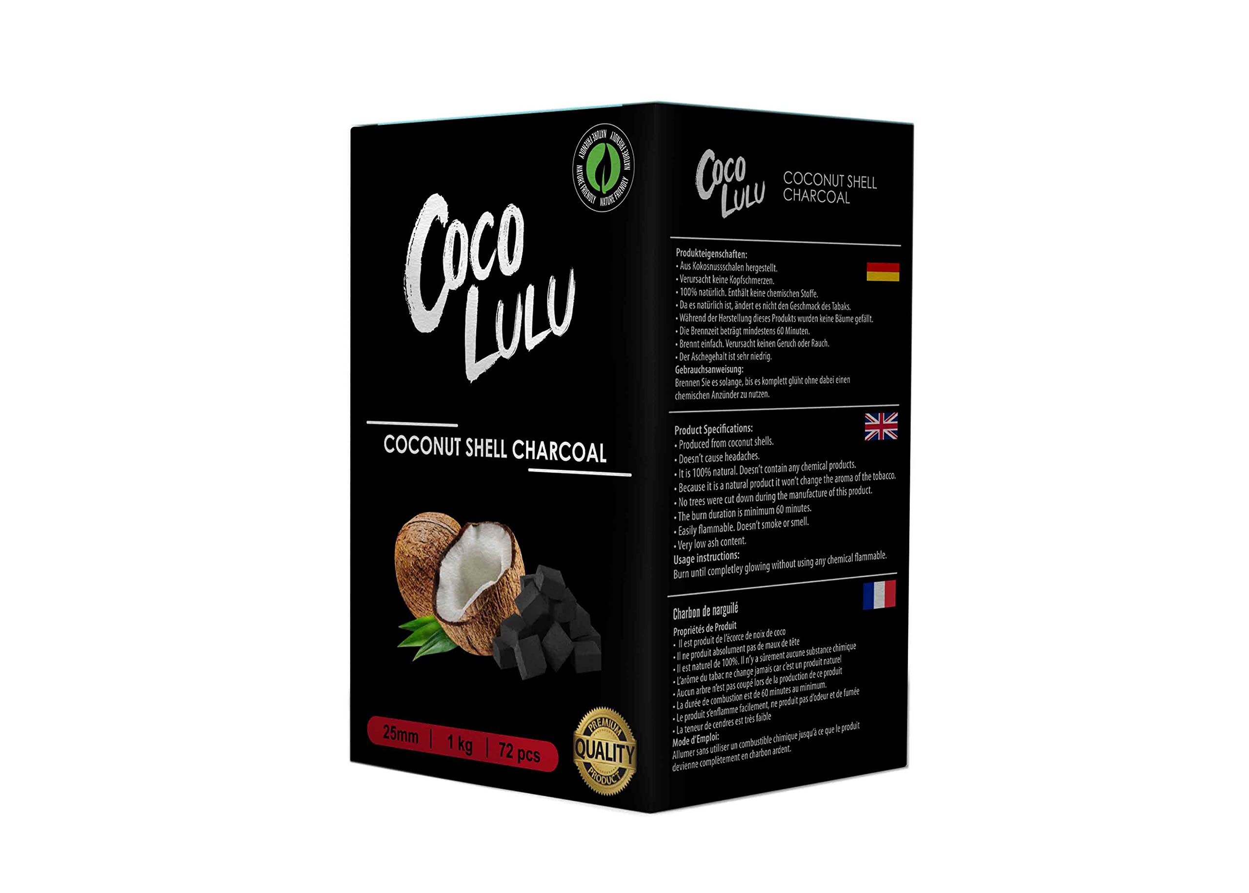 Gs1 UK Coconut Charcoal BBQ Accessories Hookah Coals Natural Coconut Charcoal Hookah Shisha Narguile Coal 1Kilogram 72 PCS Charcoal Briquettes 25mm Cubes, Black, 25x25x25