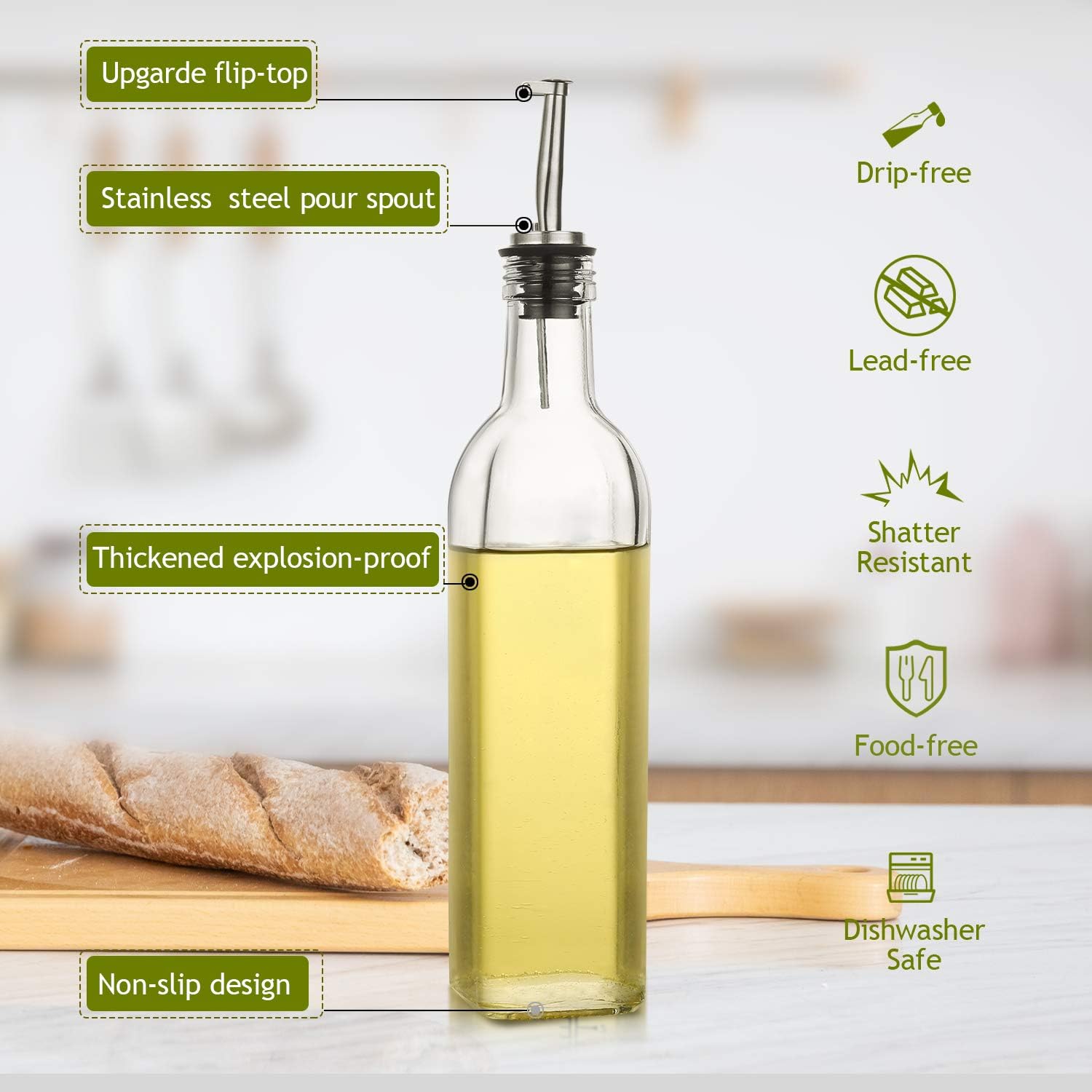 Aozita 17oz Clear Glass Olive Oil Dispenser Bottle - 500ml Oil & Vinegar Cruet with Pourers and Funnel - Olive Oil Carafe Decanter for Kitchen: Home Improvement