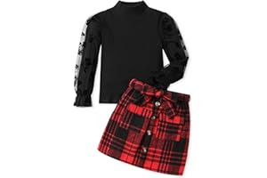 Sislerew Toddler Girl Clothes Girls Outfits Flare-lace Sleeve Top and Plaid Skirt Dress Fall Winter 2Pcs Girls Clothes 5-12T