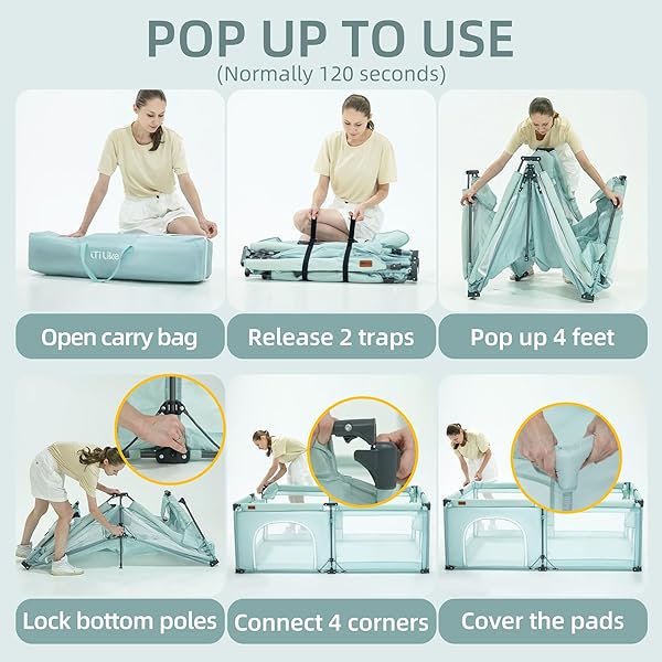 FOLDABLE BABY PLAYPEN 50X50INCH, ITILIKE PLAYPEN FOR BABIES AND TODDLERS WITH 50 PCS OCEAN BALLS & 2 HANDLES, INDOOR & OUTDOOR KIDS SAFETY PLAY PEN AREA, PORTABLE TRAVEL PLAY YARD,MINT GREEN