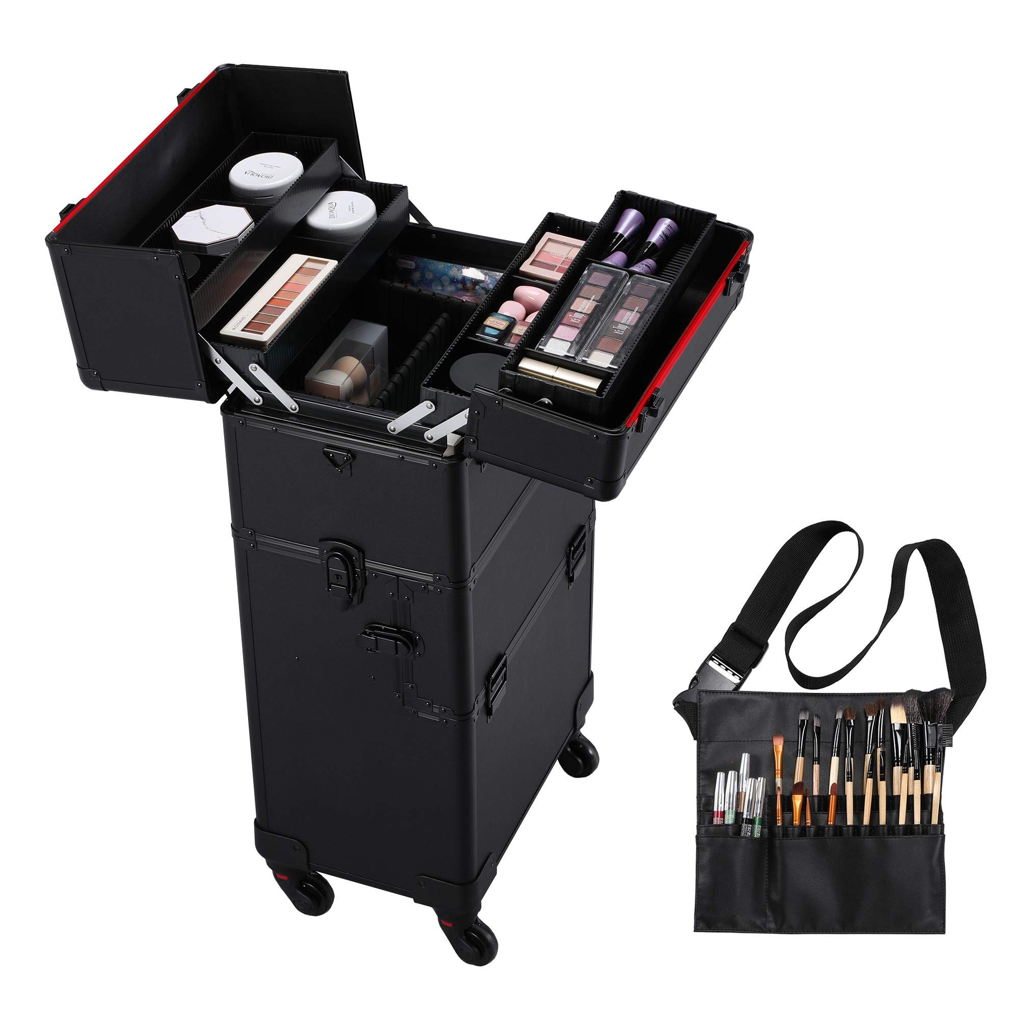 Yaheetech Professional Train Case 3 in 1 Makeup Organizer Large Rolling Cosmetic Case With Makeup Brush Bag Lockable Black Wheel Trolley