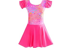 TENVDA Girls Dance Leotards with Skirts Pink Black Toddler Ballet Dress Camisole Ruffle/Short/Long Sleeve for 2-10 Years Kids