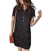 Sidefeel Denim Dress for Women Causal Short Sleeve Collared Button Down Jean Dress Trendy A Line Summer Shirt Dress