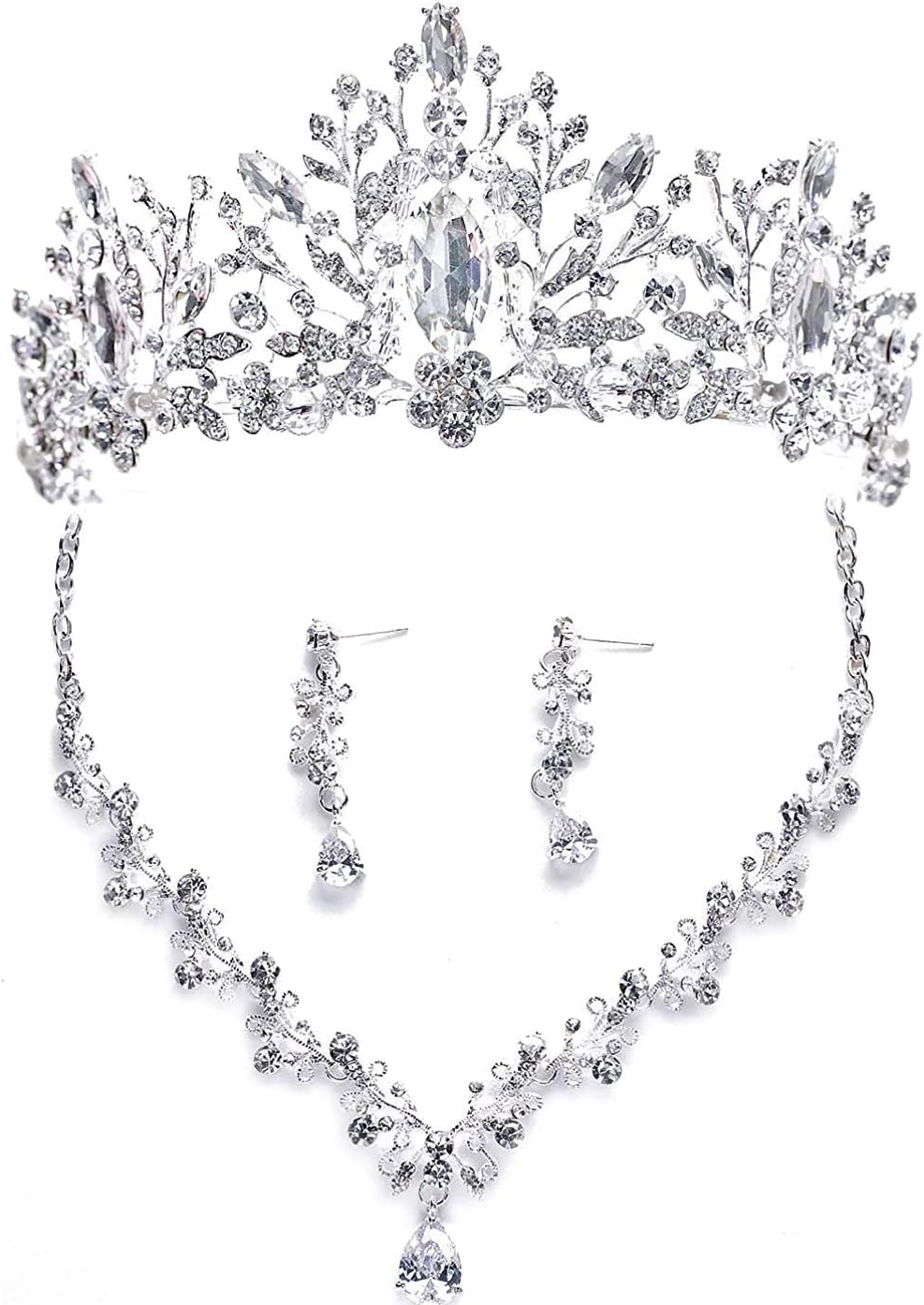 Bride Headdress Jewelry Wedding Necklace Earrings Set Crystal Crown Tiara A