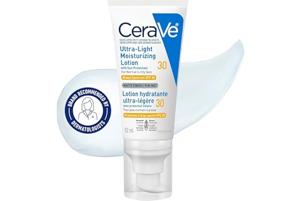 CeraVe Ultra-light Face Moisturizer with SPF 30. Hyaluronic Acid face sunscreen lotion for Men & Women, Normal to Oily & sens