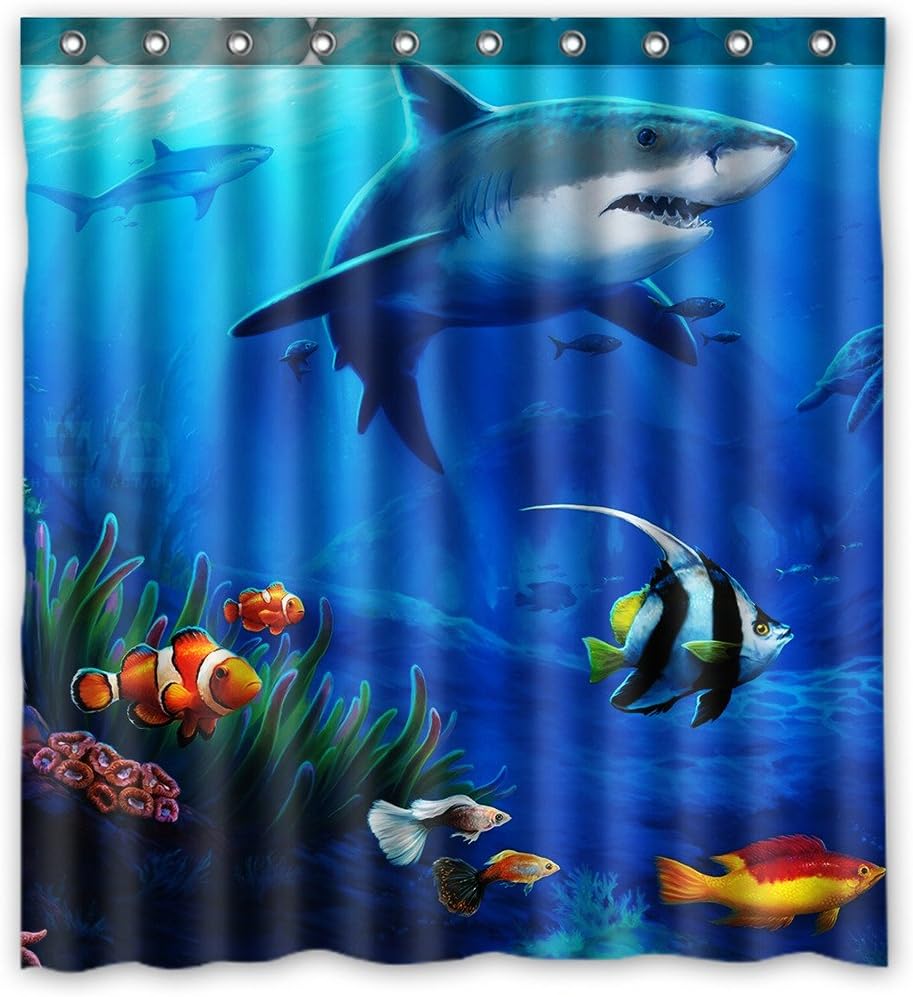 Custom Sea Shark Fish Corals Underwater Ocean Waterproof Polyester Shower Curtain Bathroom Deco 66x72 inches