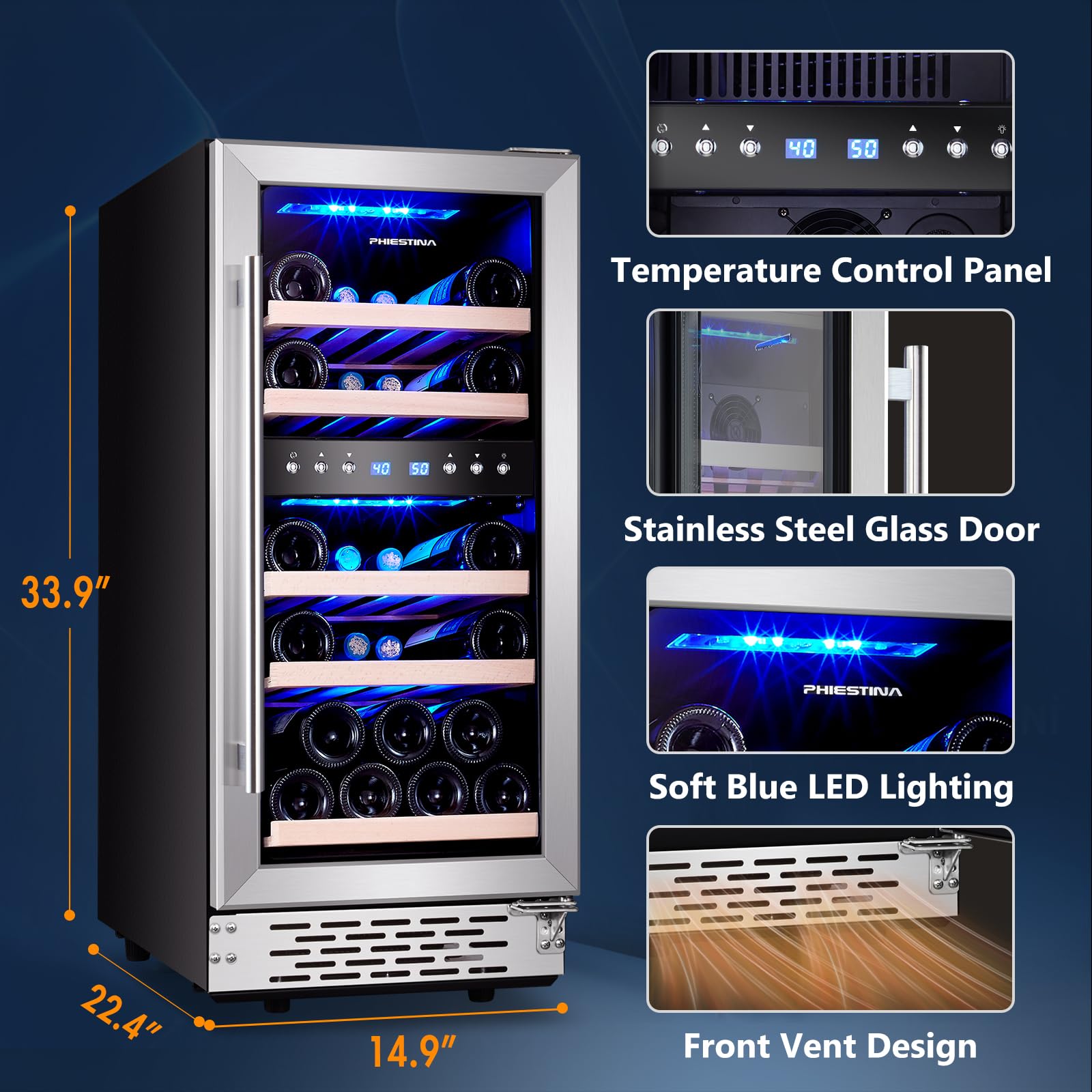 Phiestina Wine Fridge, 15 Inch Small Wine Cooler Refrigerator 31 Bottles Dual Zones Under Counter Temperature Control Built-in/Freestanding